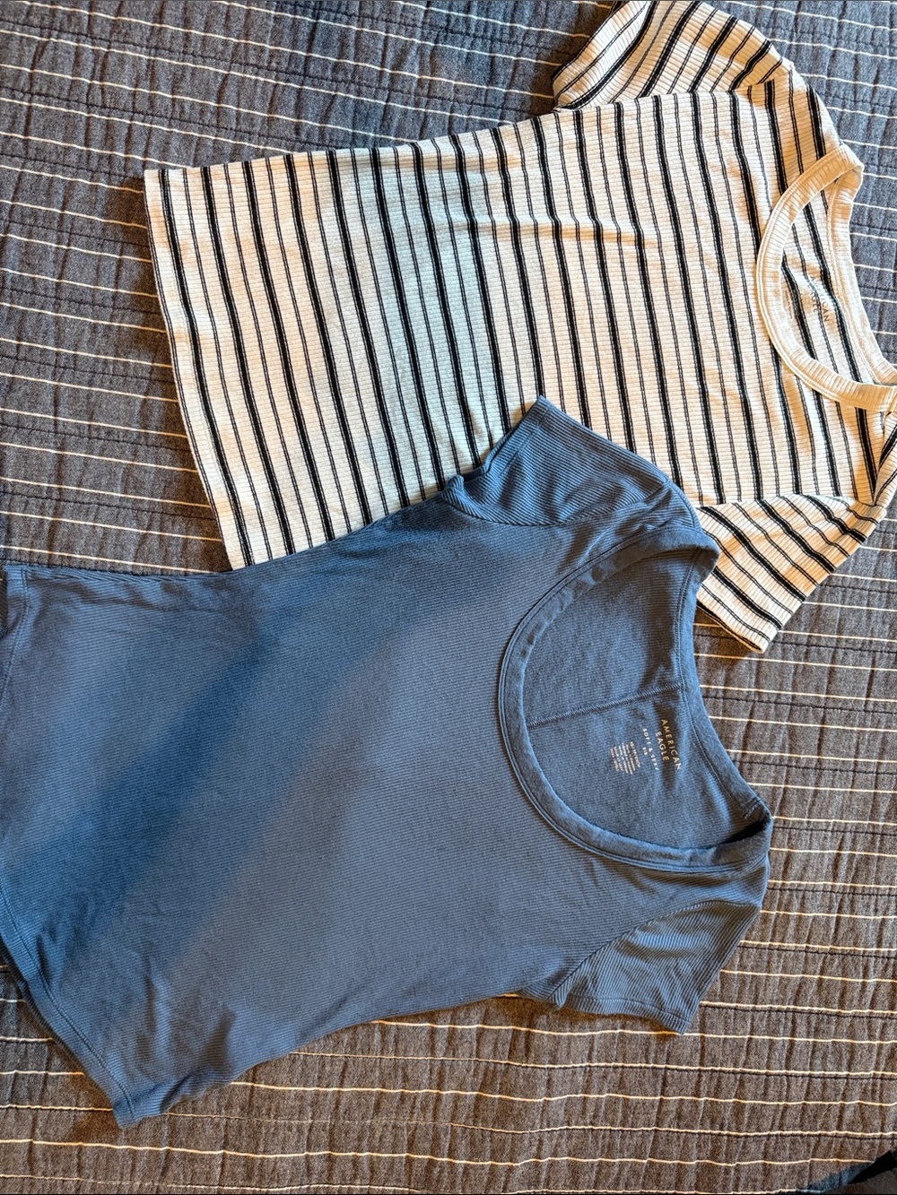 Girls Blue Ribbed Tee & Cream-Black Striped Top - Two-Pack